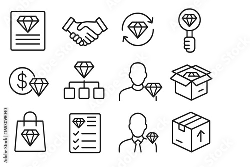 Diamond Trade Icons. Line style icons of diamond trade and market: gem certificate, trading contract, gem exchange, auction paddle