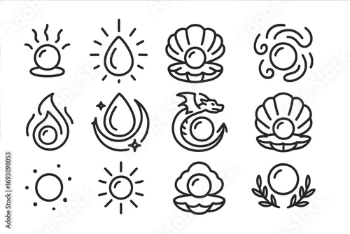 Mythical Pearl Icons. Line style icons of mythical pearl uses: magic pearl, glowing sea gem, enchanted oyster, pearl of power;