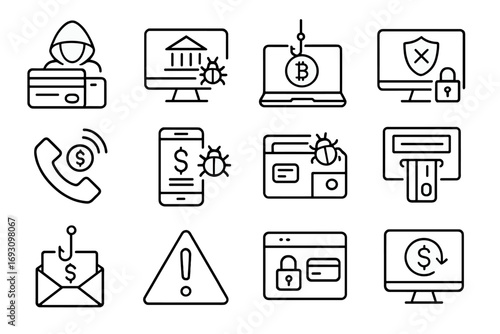 Financial Cybercrime Icons. Line style icons of financial cybercrime: credit card theft, online bank fraud, cryptocurrency scam,