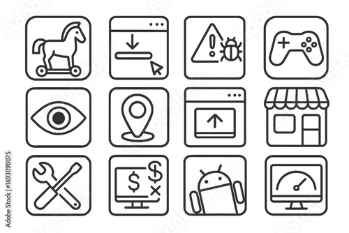 Fake Apps Icons. Line style icons of fake apps and software: trojanized app icon, malicious installer, fake antivirus alert,