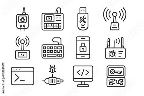 Hacking Equipment Icons. Line style icons of hacking equipment: backdoor device, keylogger tool, exploit USB, Wi-Fi cracker;