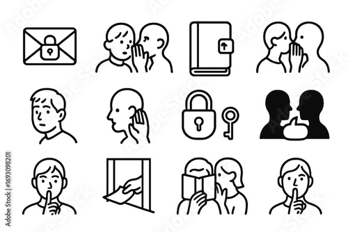 Secrets and Whispers Icons. Line style icons of secret confessions: envelope with lock, whispered message, hidden diary, secret