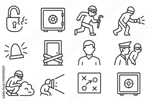 Failed Robbery Icons. Line style icons of attempted robbery: broken lock not open, vault untouched, thief caught mid-action, tool