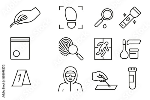 Forensic Investigation Icons. Line style icons of forensic search: glove with tweezers, footprint scan, blood trace search, UV