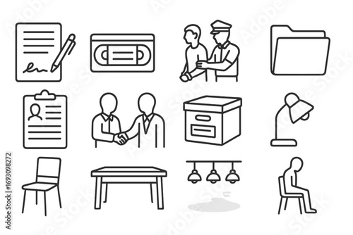 Interrogation Icons Set. Line style icons of interrogation aftermath: confession signed, tape labeled, suspect escorted, file
