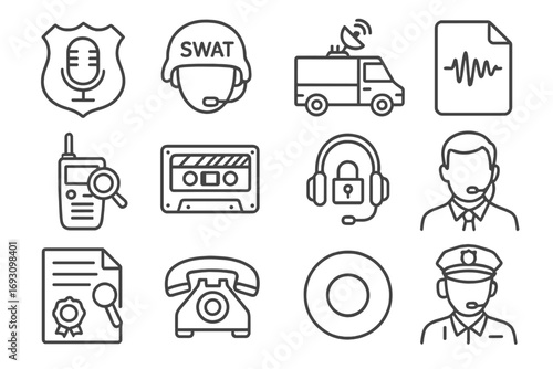 Surveillance Icon Collection. Line style icons of law enforcement surveillance icons: badge with mic, SWAT comms icon,