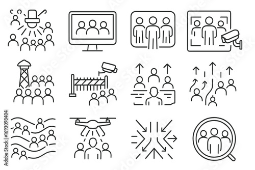 Crowd Monitoring Icons. Line style icons of crowd monitoring: mass gathering with overhead cam, event surveillance screen, thermal