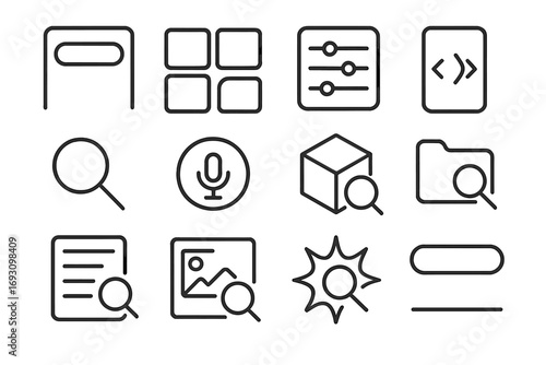 Mobile UI Search Icons. Line style icons of UI and app search: mobile search field, result tile grid, filter menu icon, swipe to