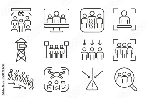 Crowd Monitoring Icons. Line style icons of crowd monitoring: mass gathering with overhead cam, event surveillance screen, thermal