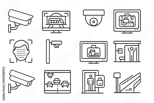 Surveillance Icons Collection. Line style icons of surveillance in transport hubs: airport cam icon, train station view, terminal