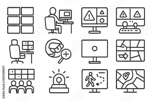 Surveillance Control Icons. Line style icons of surveillance control rooms: wall of monitors, analyst at desk, joystick control