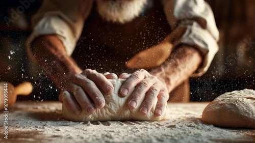 A man is kneading dough on a table. The dough is in the process of being shaped into a loaf. The man is wearing an apron and has flour on his hands. Concept of warmth and comfort