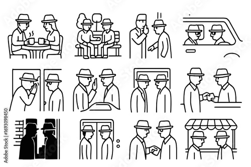 Undercover Meeting Icons. Line style icons of undercover meeting scenes: coffee shop talk, park bench meet, quiet hallway