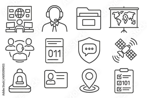 Agency Control Icons. Line style icons of agency control and support: command center icon, agent under headset, file marked covert