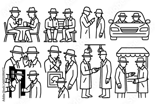 Undercover Meeting Icons. Line style icons of undercover meeting scenes: coffee shop talk, park bench meet, quiet hallway