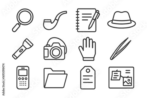 Detective Tools Icons. Line style icons of detective tools: magnifier, classic pipe, notebook with pen, fedora hat; flashlight,