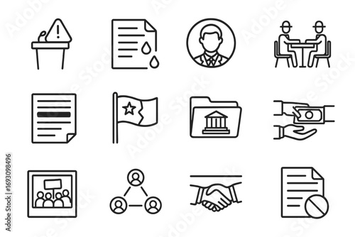 Political Investigation Icons. Line style icons of political investigation: podium with alert, document leak icon, official