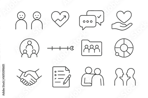 Restorative Mediation Icons. Line style icons of restorative mediation: victim and offender icon, emotional healing chart, truth
