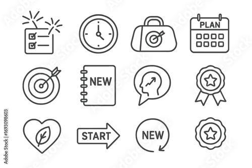 New Year Icons. Line style icons of new year resolutions: fireworks over checklist, clock ticking to midnight, gym bag with goal