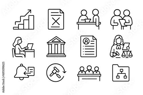 Court Appeal Process Icons. Line style icons of court appeal process: step-by-step appeal chart, initial denial file, new hearing