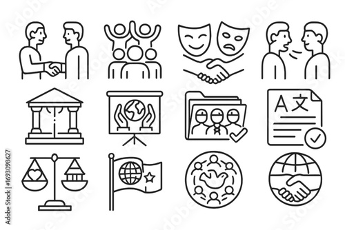 Cultural Harmony Icons. Line style icons of cultural resolutions: people of different backgrounds shaking hands, shared