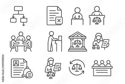 Court Appeal Process Icons. Line style icons of court appeal process: step-by-step appeal chart, initial denial file, new hearing