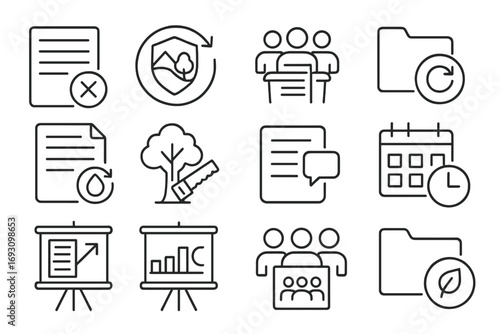 Environmental Appeals Icons. Line style icons of environmental appeals: rejected permit form, protected land icon with appeal