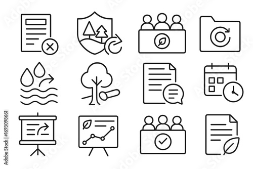 Environmental Appeals Icons. Line style icons of environmental appeals: rejected permit form, protected land icon with appeal