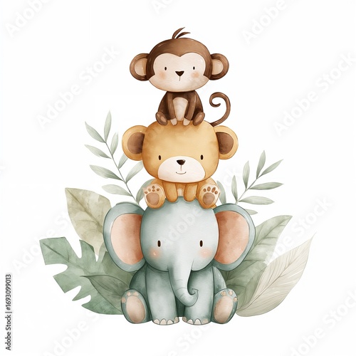 Cute baby animals stacked in watercolor jungle illustration