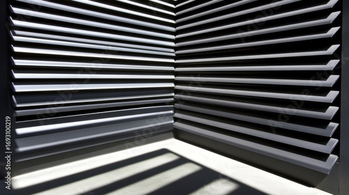 Abstract architectural composition of light and shadow on louvered wall details