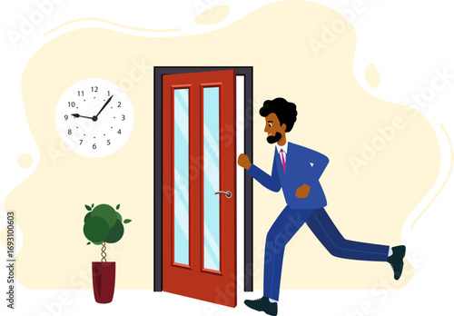 Businessman is late for work or meeting. Human is running from work.