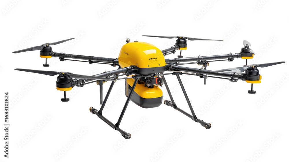 Fototapeta premium Agricultural drone, yellow and gray, six rotors, spray tank