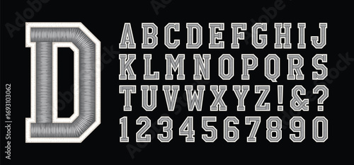 Classic college font. Vintage sport serif font in american style for football, soccer, baseball and basketball. Alphabet and numbers with outline in varsity style

