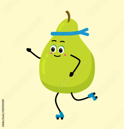 A cute, strong pear. The concept of classes in the gym with the image of pear, health, fitness