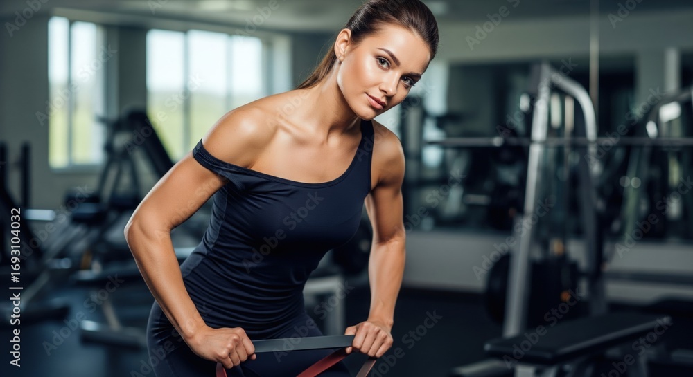 Fototapeta premium Attractive brunette woman in sportswear exercises with resistance band in the gym, she is doing a strength training workout and looking at the camera with a smile .