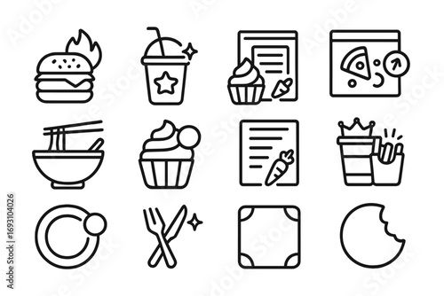 Trending Food Icons. Line style icons of trending food: burger with flame tag, smoothie cup with star, food tray with spark, pizza