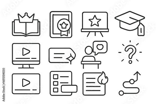 Educational Icon Designs. Line style icons of popular learning topics: open book with crown, tablet with badge, chalkboard with