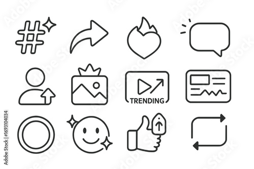 Trending Social Icons. Line style icons of trending social content: hashtag with spark, share icon with arrow, like button with
