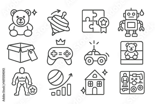 Trending Toy Icons. Line style icons of trending toys: teddy bear with spark, spinning top with arrow label, puzzle with badge,