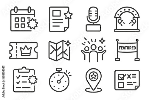 Event Icons Collection. Line style icons of featured events: calendar with glow badge, event flyer with star tag, microphone with