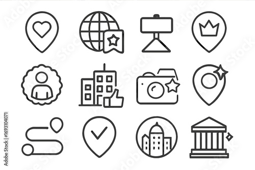Travel Icons Collection. Line style icons of recommended places: map pin with heart, globe with star tag, destination with label,