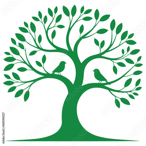 Vector illustration of a stylized tree with green leaves and branches, a symbol of nature and ecological growth throughout the seasons