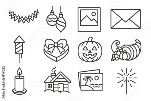 Retro Holiday Icons. Line style icons of retro holidays: tinsel garland, classic tree ornaments, polaroid card, greeting envelope;