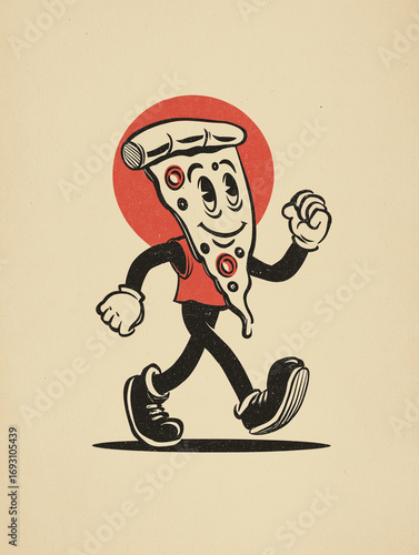 a 1950s advertising illustration of funny walking cartoon pizza in retro style