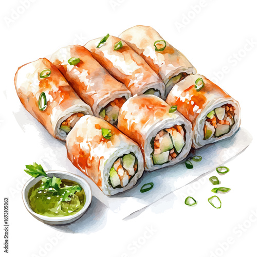 watercolor of Spring Rolls, vector, isolated on a white background.