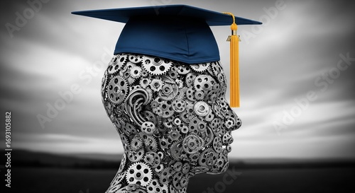 Mind Gears of Academic Wisdom: Conceptual image representing academic intellect through intricate gears, a graduation cap symbolizes knowledge, ambition and educational journey in surrealistic art.