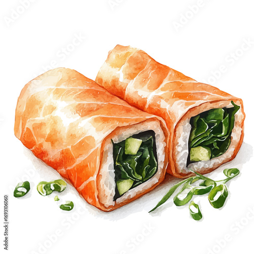 Spring Rolls, watercolor painting vector, isolated on a white background.