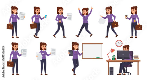 Cartoon office worker character constructor vector illustration. A businesswoman wearing a purple shirt and trousers holds a briefcase, documents, a smartphone, and a coffee cup. Various poses and act