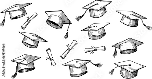Set of flying graduation caps. Collection of students toss caps. Black white vector illustration.
