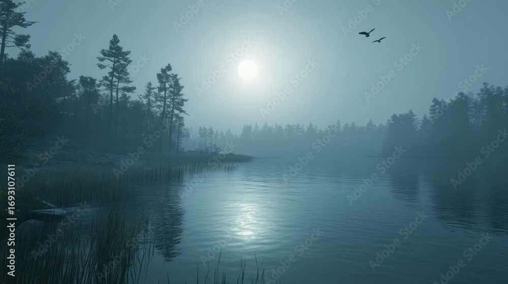Fototapeta premium Tranquil lake at twilight with mist shrouded trees and a silvery moonlight reflection upon still